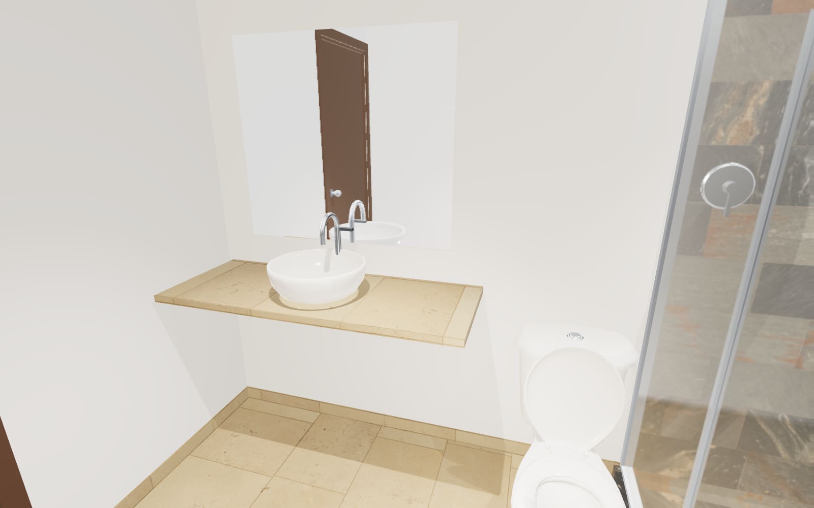 Un baño en 3D con lavabo, WC y regadera, hecho con Maquetia